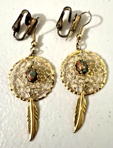 Gold Metal Dream Catcher & Dangling Feather Pierced Earrings or Clip-On - Picture 1 of 5