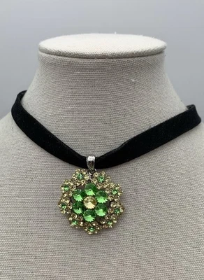 Black Velvet Choker With A Silver Tone Pendant With Green Rhinestones 13-15” - Image 1 of 4