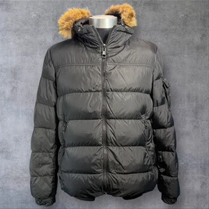 Moncler Black Down Puffer Jacket Fur Hood Zipper Pockets Ski Snow Warm Mens Sz L - Picture 1 of 16