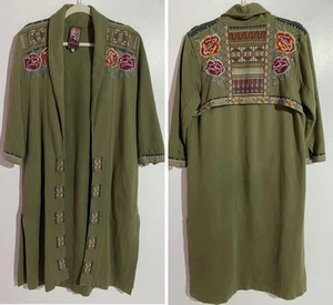 Cardigan Johnny Was Duster S verde ricamato floreale artistico boho arte da indossare - Foto 1 di 18