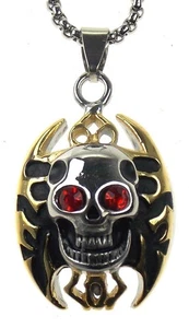Totenkopf Halskette Edelstahl Gold Silber 22" Kette Gothic rote Augen Flammen Edelsteine - Bild 1 von 3