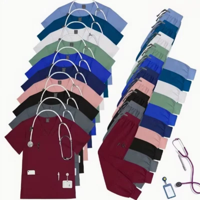 Uniforme de enfermera médica blusa exfoliante cuello en V o pantalones rectos Foto 1 de 4