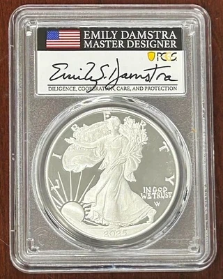 American Silver Eagle 2025-S Proof PCGS PR70DCAM lanzamiento avanzado Damstra firmado Foto 1 de 2