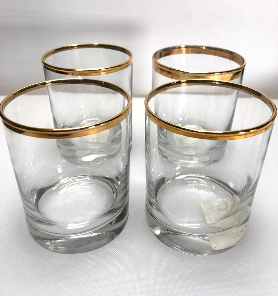 Juego de 4 vasos de cristal checo con borde dorado de colección Anchor Hocking barra baja  Foto 1 de 4