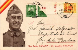 Spain Civil War SCW 1937 postcard Franco bisected stamp+ Local Cadiz label(3142) - Picture 1 of 2