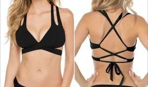 BECCA Swim Rebecca Virtue L Black Color Code Surplice Wrap Bikini Top Lace Up - Picture 1 of 15
