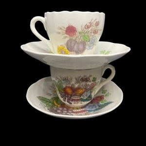 Lot of 2 Spode Cup Saucer Set Reynolds Fruits Flowers Theme Flat Cup England - Picture 1 of 14