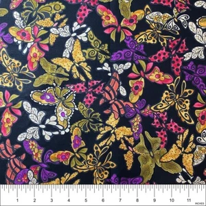 Loralie Designs Flighty Butterflies on Black Cotton Fabric - One Yard - Picture 1 of 2
