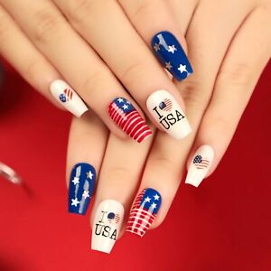 24 Piece Pack July 4th Nails Long Patriotic Nails Independence Day Themed