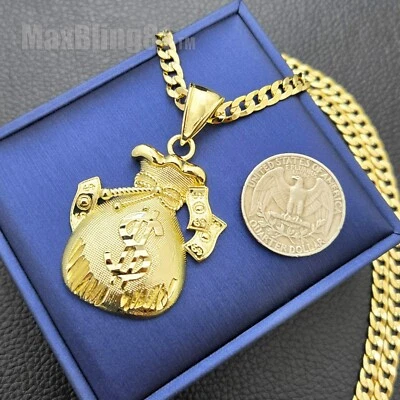 AAA+ Brass $ MONEY BAG Pendant & 5mm 20" 24" 14K Stamped Cuban Chain Necklace - Image 1 of 4
