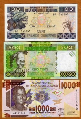 SET Guinea, 100;500;1000 francos, 2015-2018, P-A47-47c-48a, UNC rediseñado Foto 1 de 2