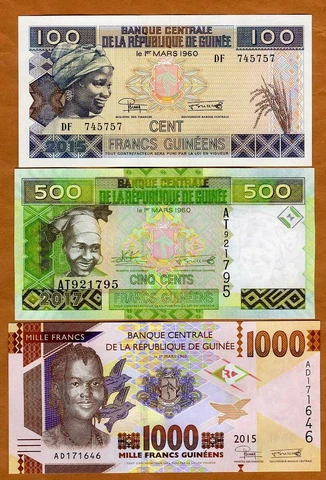 SET Guinea, 100;500;1000 francs, 2015-2018, P-A47-47c-48a, UNC Redesigned Cover