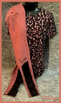 Victoria's Secret 粉色迷彩豹纹 T 恤 + 柔软绑带打底裤套装 L 全新带盒 — 第 1/4 张图片