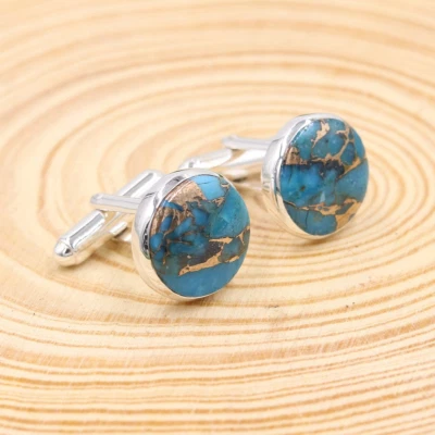 Blue Copper Turquoise Gemstone 925 Sterling Silver Cufflinks For Groomsmen Gift - Image 1 of 4