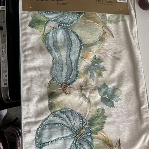 Thanksgiving Nicole Miller Beaded Pumpkin Gourd Table Runner Blue Green 16x72 - Picture 1 of 5