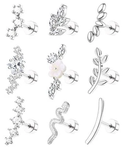 9Pcs Flat Back Cartilage Earrings for Women Trendy 16G Tragus Conch Helix Pie... - Picture 1 of 6