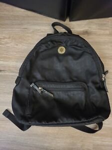 Tommy Hilfiger Travel Backpack Purse Black Fabric Black Logo Golden Metal Emblem