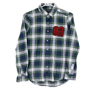 Polly & Esther Junior's "82" Patch Plaid Flannel Button Down Shirt, Medium, Navy - Picture 1 of 3