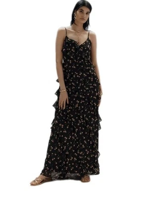 NUEVO CON ETIQUETAS ANTHROPOLOGIE AFRM ILARIA Maxi Vestido Negro Floral Acanalado Talla 1X Foto 1 de 4
