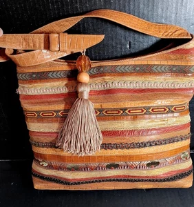 NUEVO Bolso de Mano Hobo Sharif Vintage Piel de Reptil Borde Patchwork Marrón - Imagen 1 de 7
