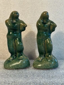 2 Pottery 5" Figurines Musicians Green Glaze Unmarked Read Description - Picture 1 of 13