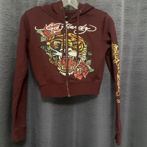 Ed Hardy  Sweatshirt Wms S Cropped Sweatshirt Vintage Gold Signature Tiger - Picture 1 of 5
