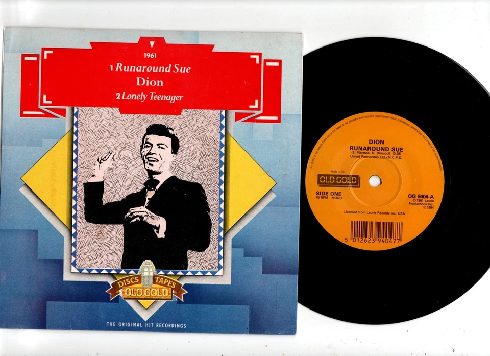 DION - RUNAROUND SUE / LONELY TEENAGER. UK 80's OLD GOLD 7" & PIC/SLEEVE. EX/N/M - Image 1 of 4