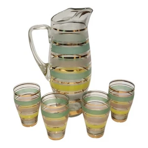 Vintage Mid-Century Glass Pitcher & 4 Julep Juice Glasses Frosted Stripe Barware - Picture 1 of 10