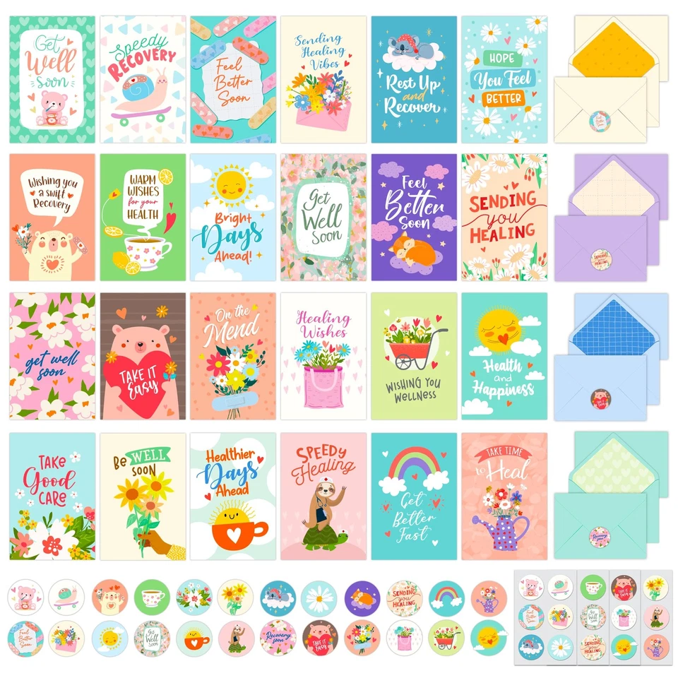 Paquete de 24 tarjetas lindas Get Well de 4X6 pulgadas caja surtida con sobres y pegatinas, 24 Foto 1 de 4