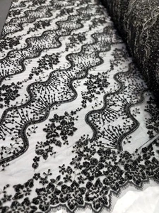 Black Lace Fabric Flower Embroidered Pearls On Mesh Fabric By Yard Silver Thread - Picture 1 of 10