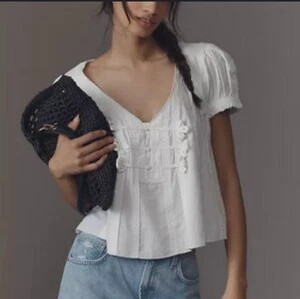 Anthropologie Pilcro Puff-Sleeve V-Neck Swing Blouse Top VANILLA Large L NEW - Picture 1 of 11