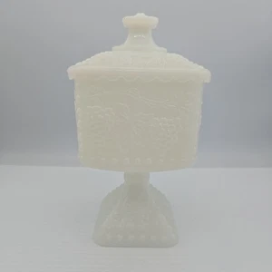 Piatto caramelle vintage Westmoreland vetro latte con pannelli con coperchio design uva - Foto 1 di 3