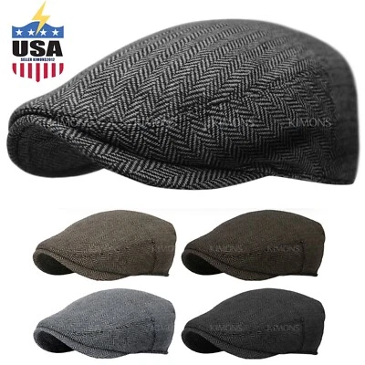 EM Herringbone Ivy Hat Wool Stripe Gatsby Cap Golf Driving Flat Cabbie Newsboy - Image 1 of 4