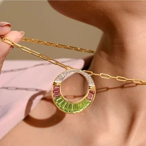 14K Gold Natural Gemstones Peridot Pink Tourmaline Cleopatra Diamond Pendant - Picture 1 of 13