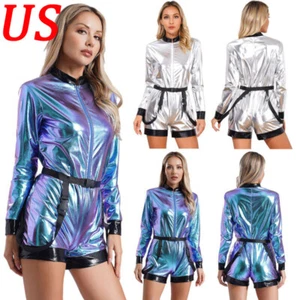 Women Jumpsuit Stage Performance Bodysuit Mock Neck Astronaut Costume Flight - Picture 1 of 30