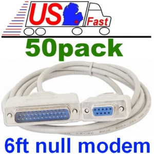 Lot50pk 6ft DB9 FEMALE~DB25 pin MALE Serial Null Modem Data Cable,Nul wired Cord - Picture 1 of 1