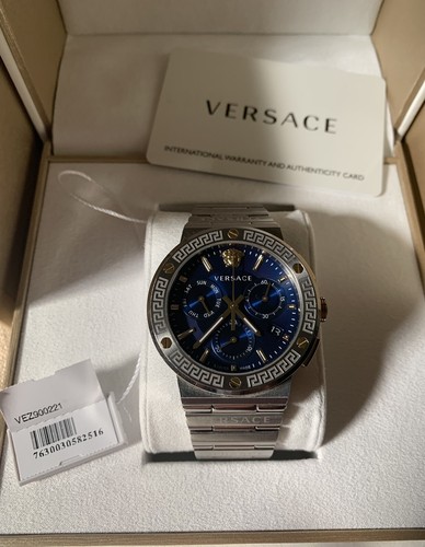 VERSACE VEZ900221 Cronografo Orologio Uomo Timer Logo Greca Blu Oro Argento