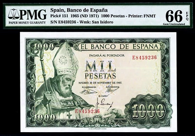 Spain 1000 Pesetas 1965 (ND 1971) Pick-151 GEM UNC PMG 66 EPQ - Image 1 of 2