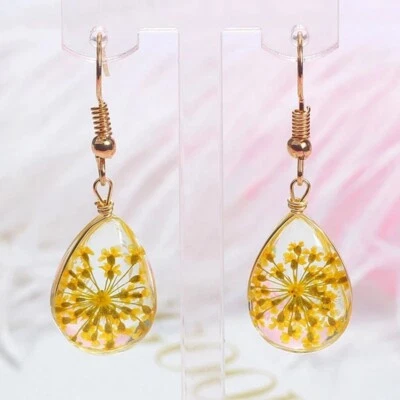 Pendientes Flor REALES Resina Prensada Seca Brillante Rosa Margarita Oro Cottagecore Lindo Foto 1 de 4