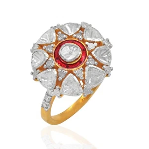 925 Sterling Silver 18k Gold Plated Natural Diamond Polki Red Enamel Womens Ring - Picture 1 of 3