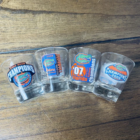 Florida Gators NCAA CHAMPIONSHIP Shot Glass Set 2006-2008 Football Basketball UF Cover