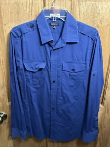 Camicia EXPRESS da uomo blu medio western doppio petto tasca manica lunga aderente - Foto 1 di 4