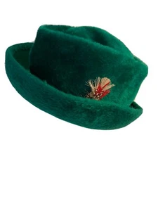 Vintage Hat Mister John Classic Green Pile Faux Fur W/ Feather Austria Sz XS - Picture 1 of 8