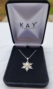 Kay Jewelers Pearl Snowflake Necklace Sterling Silver 18in Chain Sapphire Stones - Picture 1 of 8