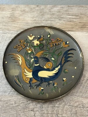 "Plato griego de latón pintado bizantino 5,75"" esmalte redondo pájaros" Foto 1 de 4