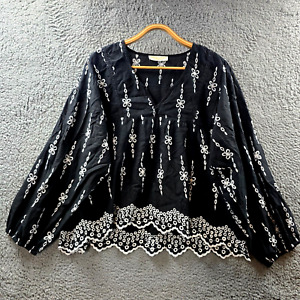 Rebellion Again Womens Blouse Top Size 2XL Black White Brodrie Lace Long Sleeve