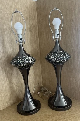Pair Table Lamps Gun Metal & Mother Of Pearl Mosaic Black Vintage Look 31” Tall - Image 1 of 4