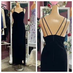 Vintage 90 Velvet Maxi Formal Evening Dress Black Strappy Side Slit Glam M/L - Picture 1 of 10