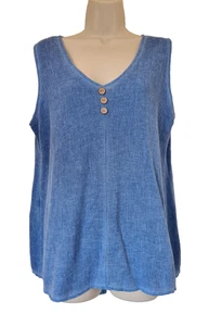 Italian Lagenlook Top Washed Linen sleeveless 3 button blue One Size UK 10-14 - Picture 1 of 9