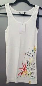 Womens Hand Painted Tank Top UK8 EU36 US4 White Floral Abstract Acrylic Art Vest - Picture 1 of 18